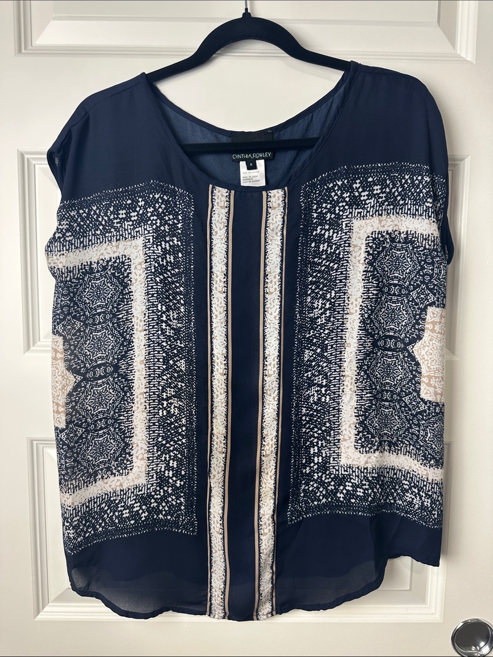 Cynthia Rowley Navy and Cream Printed Short Sleeve Sheer Blouse Small